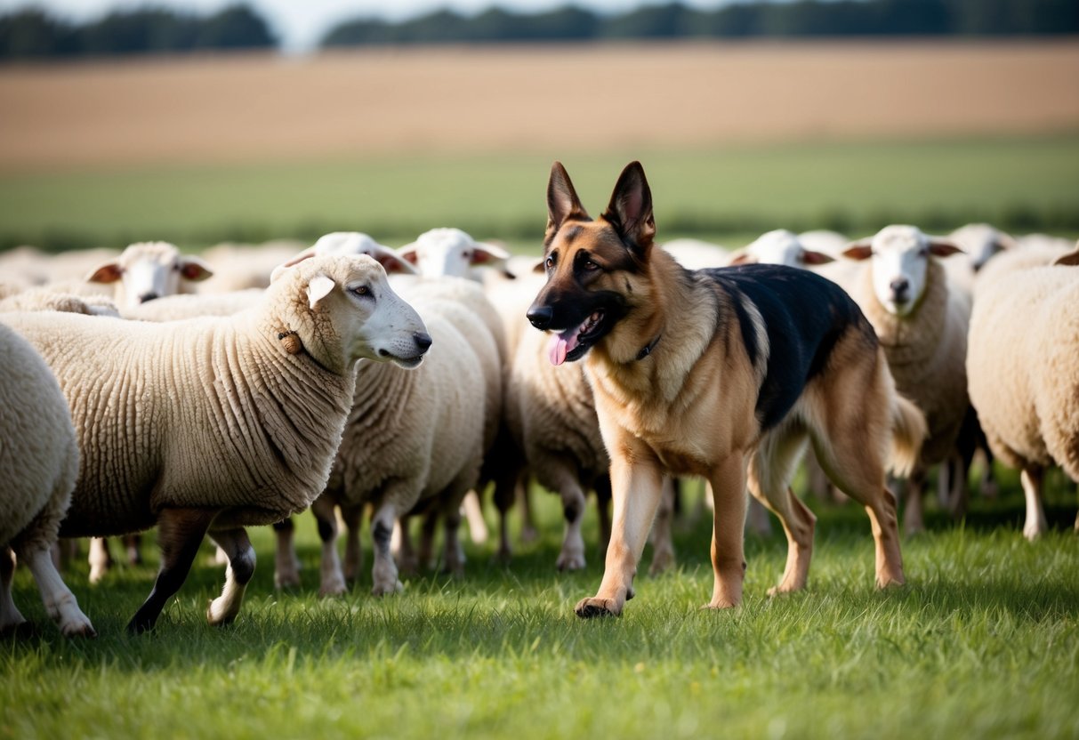 A German Shepherd herding a group of sheep in a field, showcasing its natural instinct for herding and demonstrating breed-specific behavior