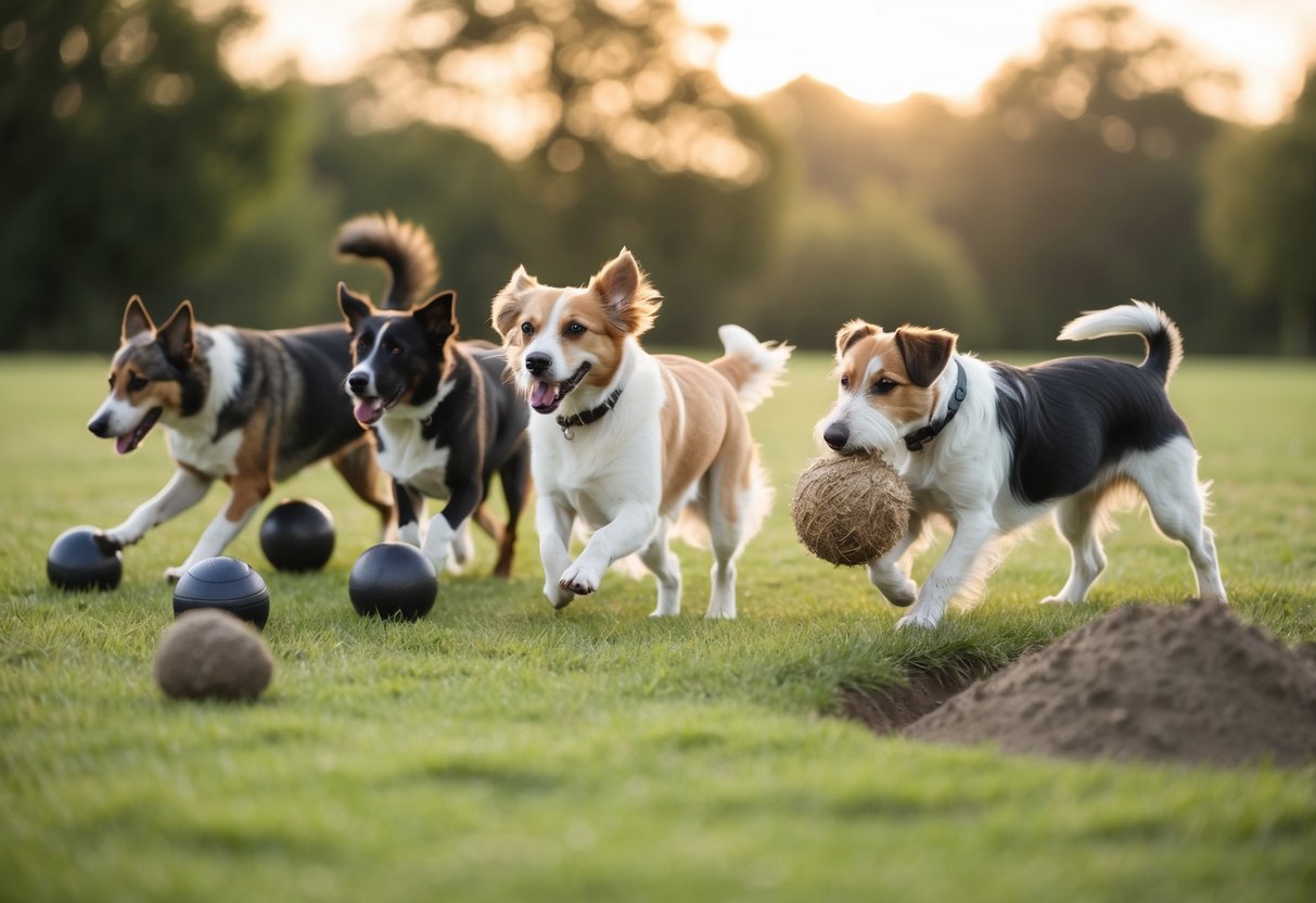 A group of dogs of different breeds exhibiting their specific instincts: a herding dog rounding up objects, a retriever carrying a toy, and a terrier digging in the ground