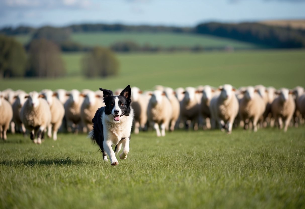 A border collie herding sheep in a wide open field, showcasing its natural instinct to work and exercise