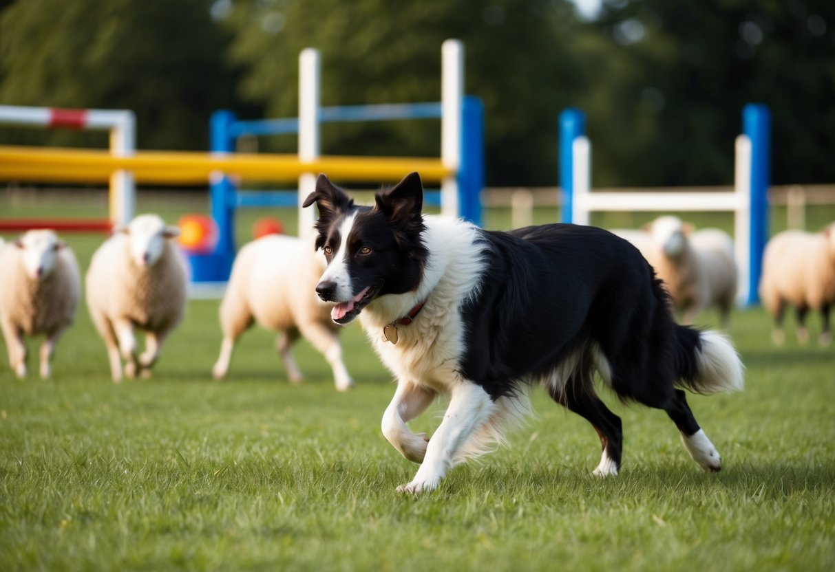 A border collie herding sheep in a field, with agility equipment in the background