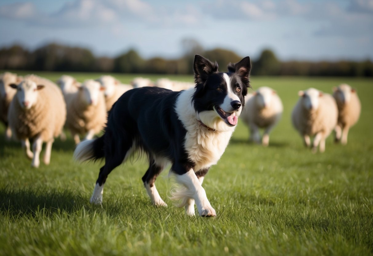 A border collie herding sheep in a field, displaying natural instincts