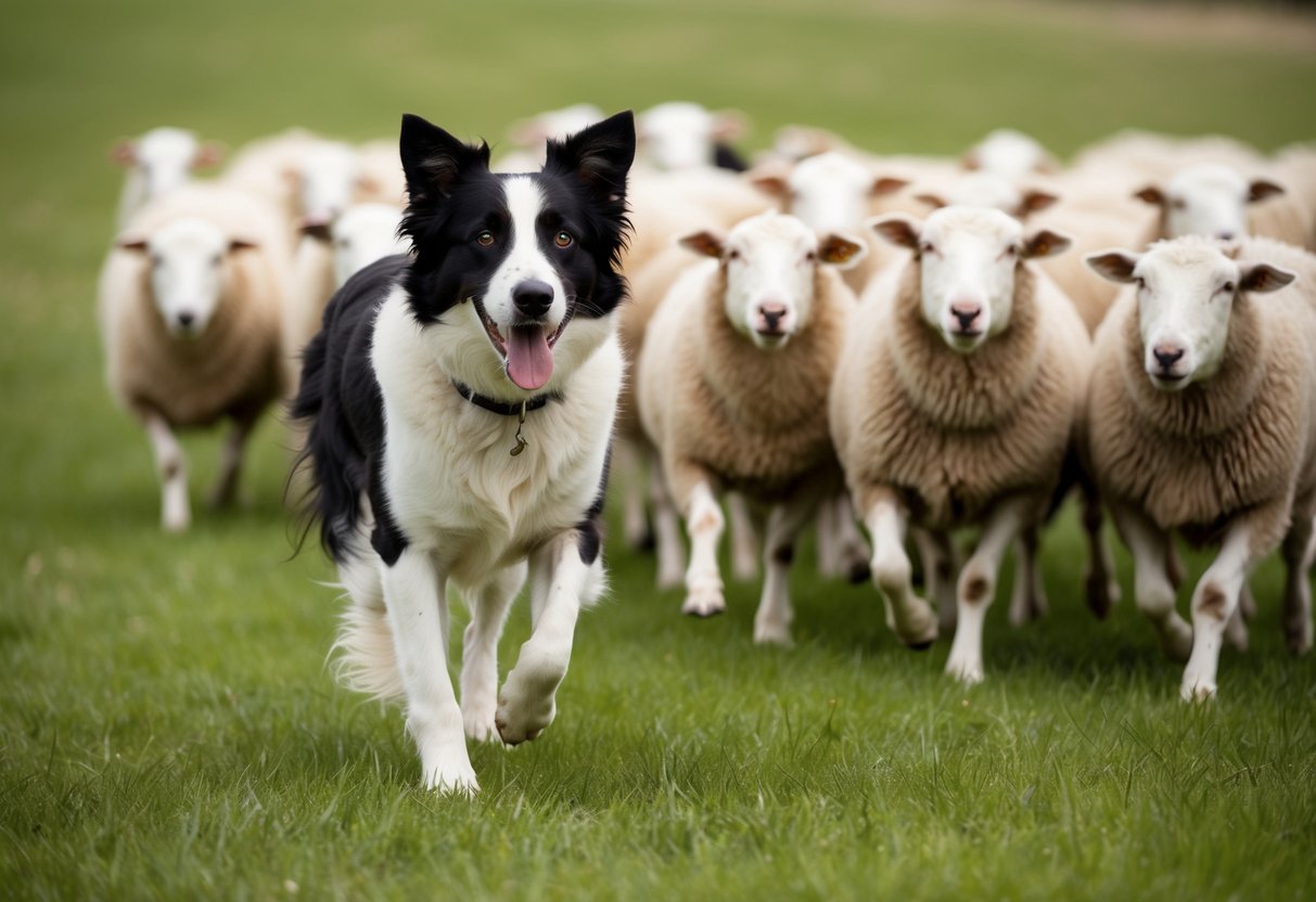 A border collie herding a group of sheep through a grassy field