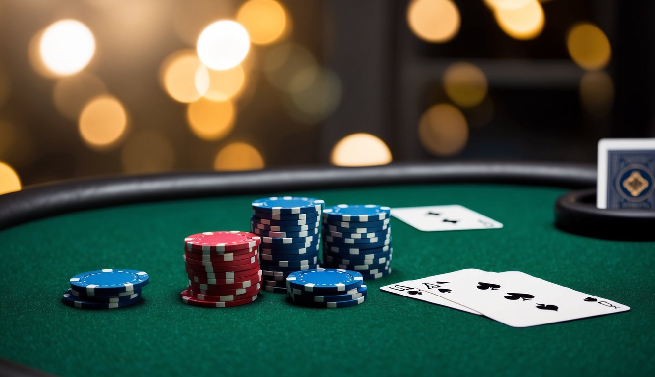 Sekelompok chip poker tersebar di atas meja felt hijau, dengan sekumpulan kartu dan tombol dealer