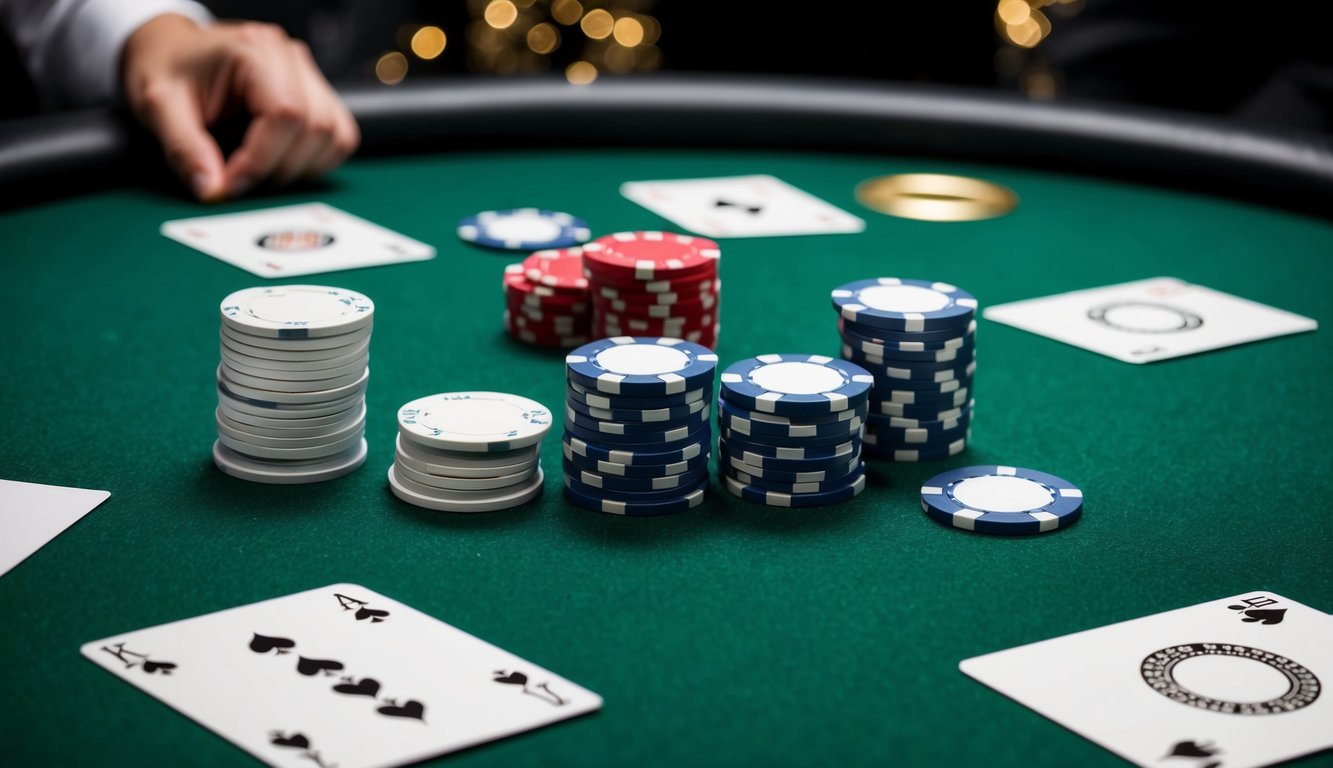 Sekelompok chip poker tersebar di atas meja felt hijau, dengan kartu dan tombol dealer