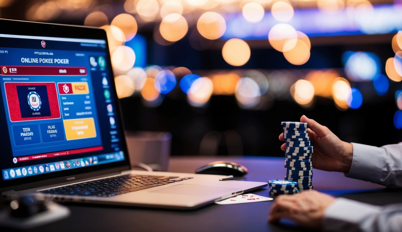 Sebuah meja dengan chip poker, kartu, dan komputer yang menampilkan antarmuka permainan poker online