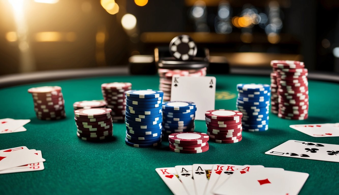 Sekelompok chip poker dan kartu bermain tersebar di atas meja felt hijau, dengan tombol dealer dan tumpukan chip di latar belakang