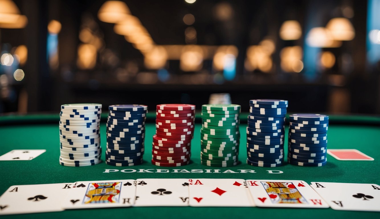 Sekelompok chip poker dan kartu yang disusun di atas meja felt hijau