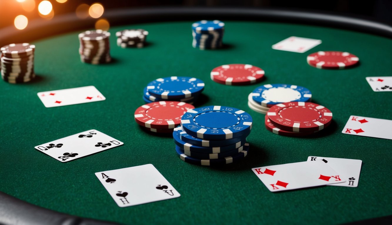 Sekelompok chip poker dan kartu yang tersebar di atas meja felt hijau