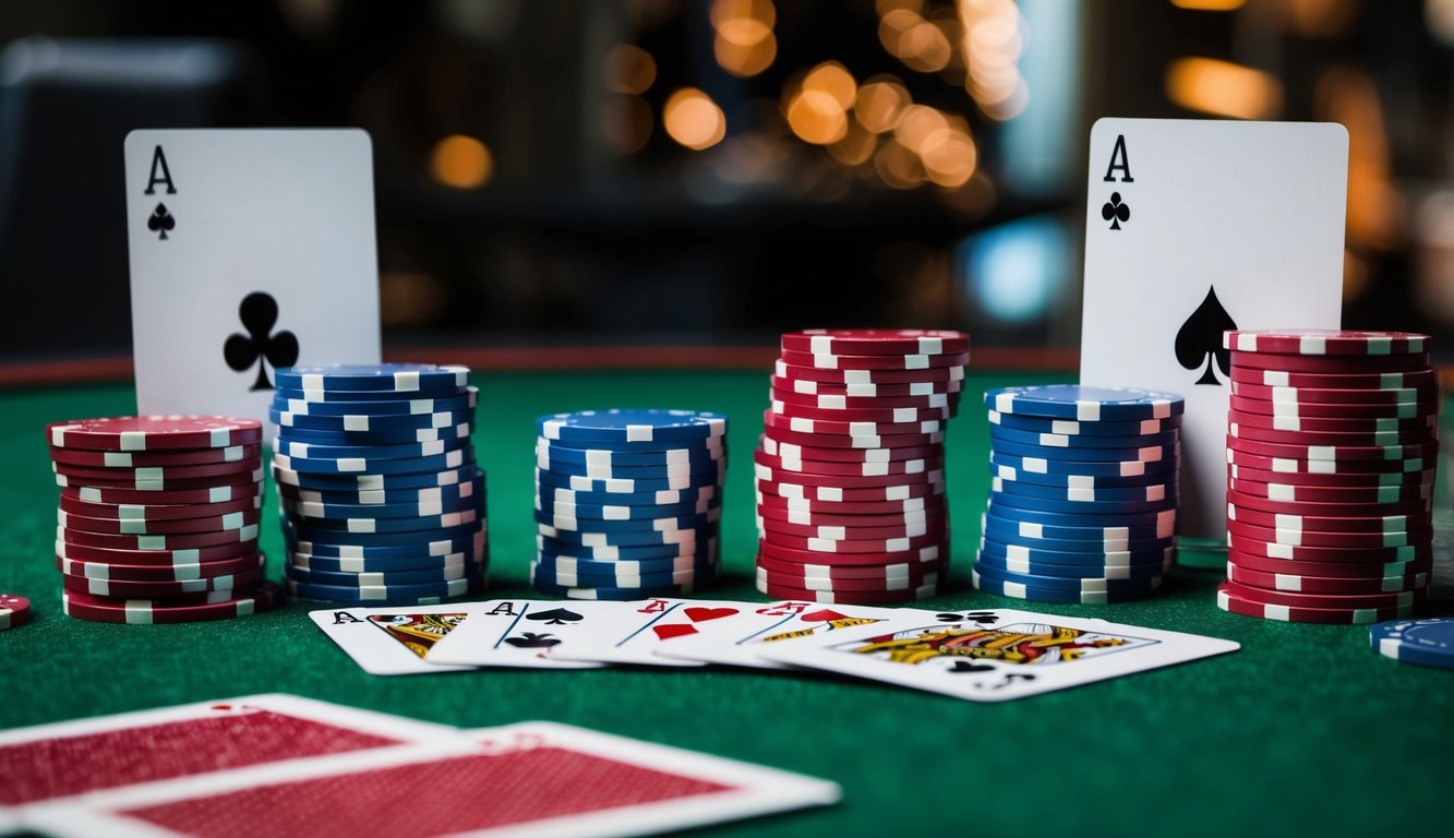 Sekelompok chip poker dan kartu bermain yang disusun di atas meja felt hijau