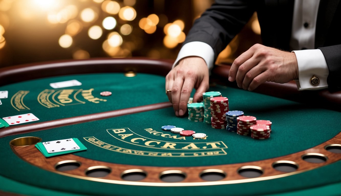 Sebuah meja baccarat dengan kartu, chip, dan seorang dealer