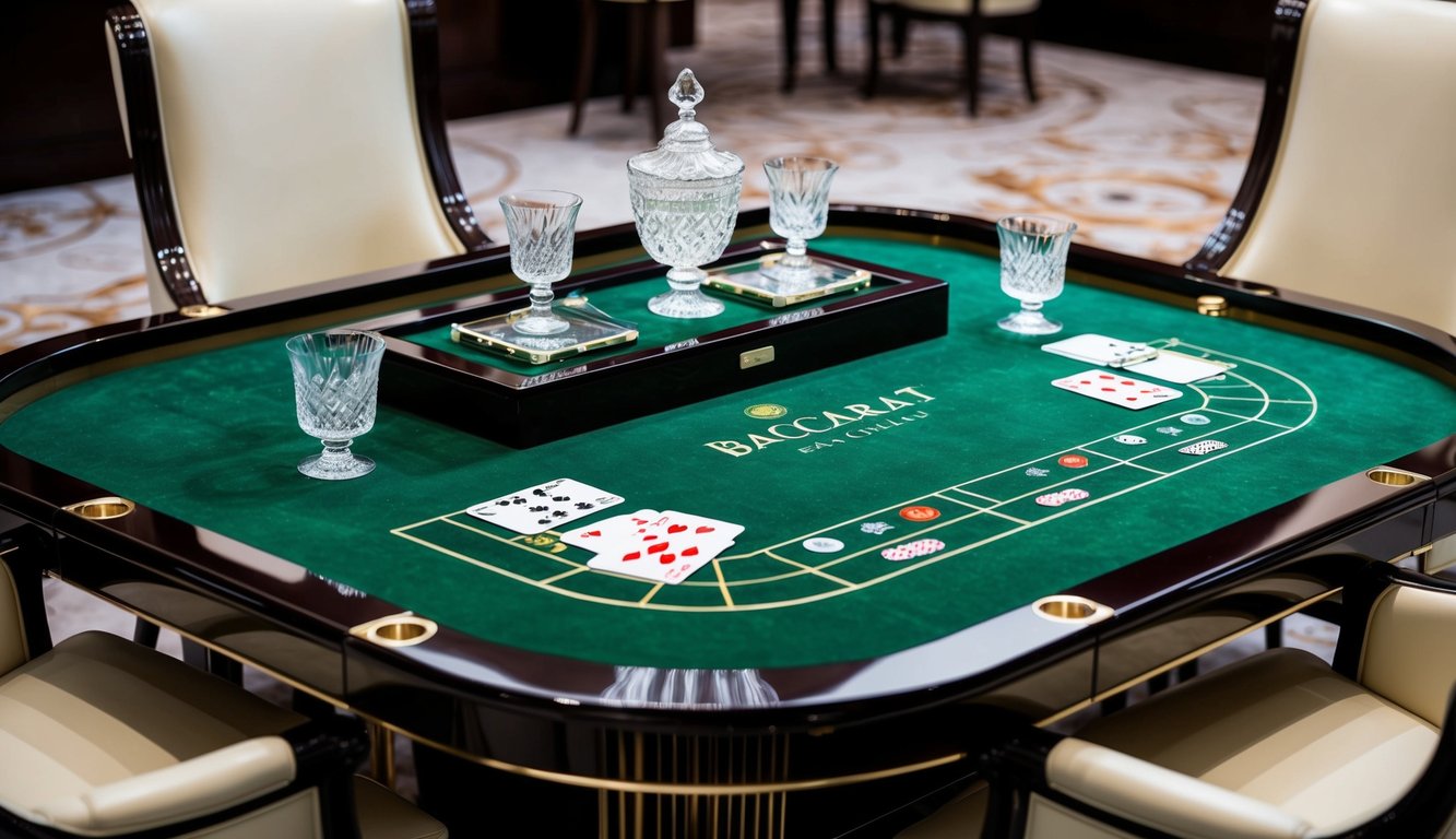 Sebuah meja baccarat yang ramping dan elegan dengan permukaan felt hijau, dikelilingi oleh kursi-kursi mewah dan dihiasi dengan gelas kristal serta kartu bermain