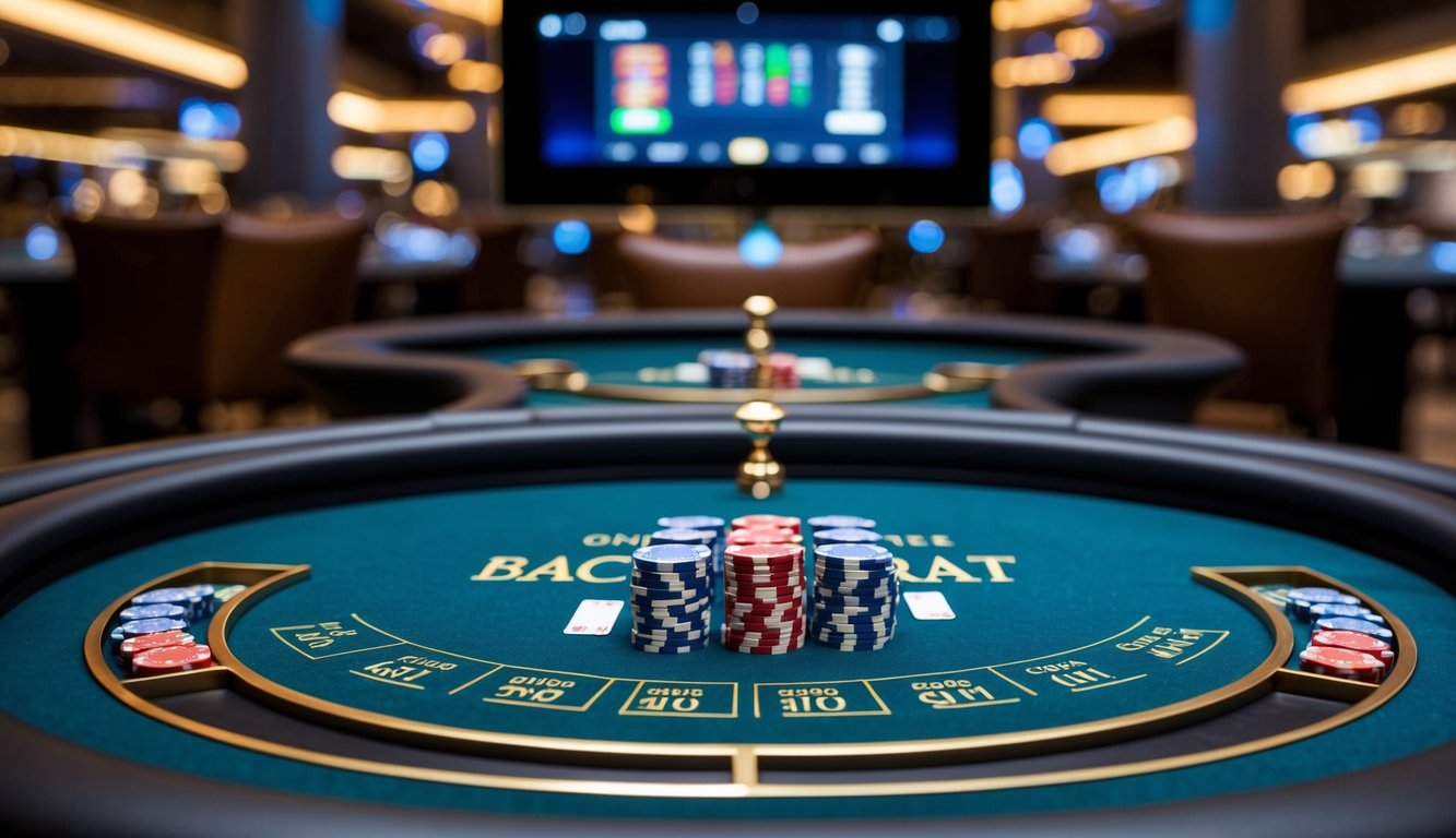 Sebuah meja Baccarat online yang ramping dengan chip dan kartu, dikelilingi oleh antarmuka digital yang stylish dan modern