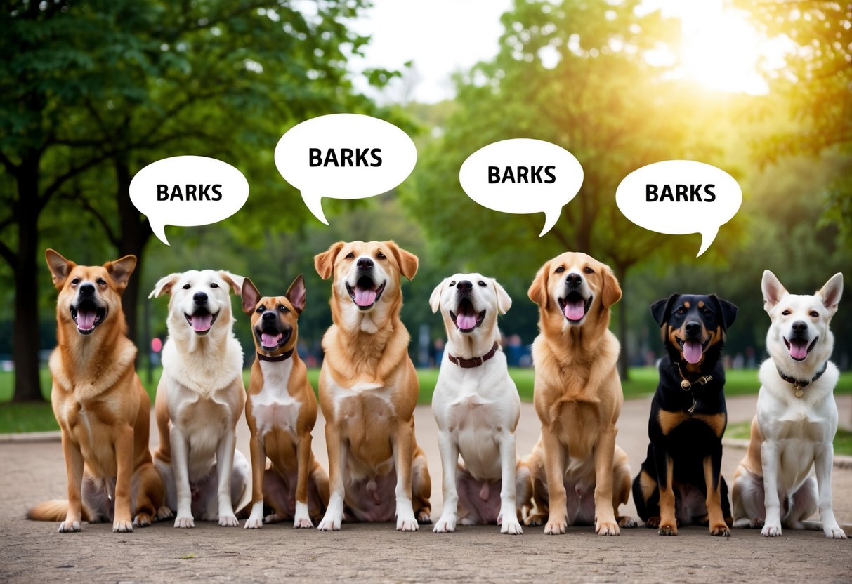 A variety of dogs of different breeds and sizes barking in a park setting, with speech bubbles depicting different types of barks
