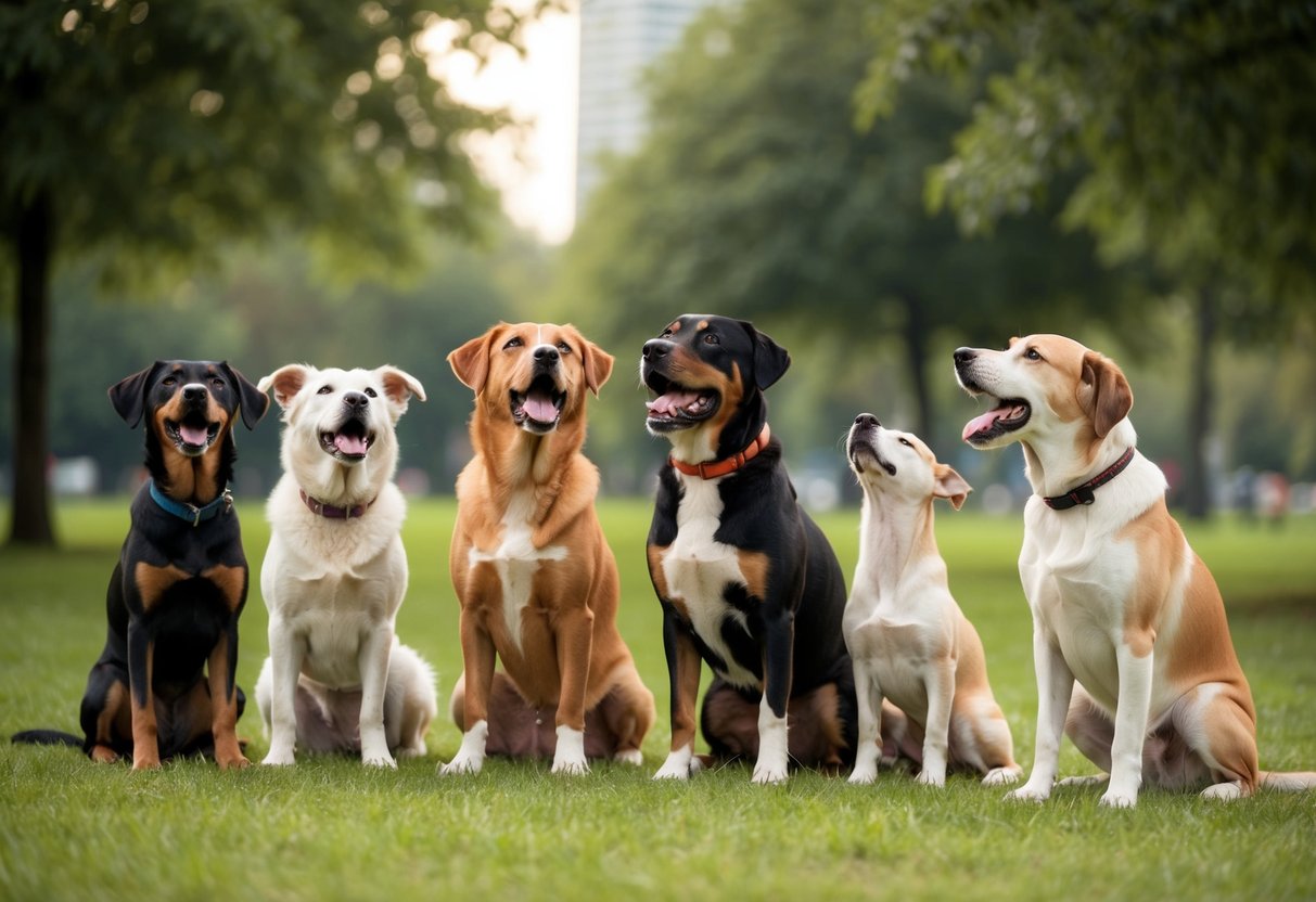 A variety of dogs of different breeds and sizes barking in a park setting, with trees and grass in the background