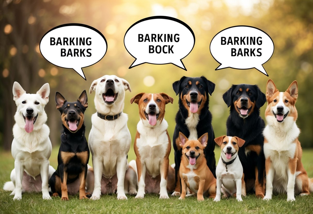 A variety of dogs of different breeds and sizes are depicted barking and making non-barking vocalizations, with speech bubbles indicating the different types of barks