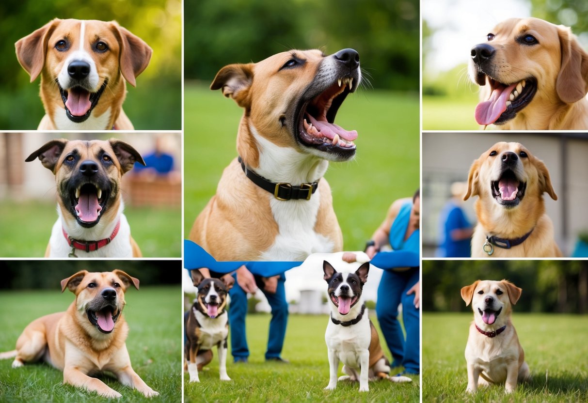 A variety of dogs barking in different settings, some alert, some aggressive, some anxious. Various interventions being used by trainers and owners