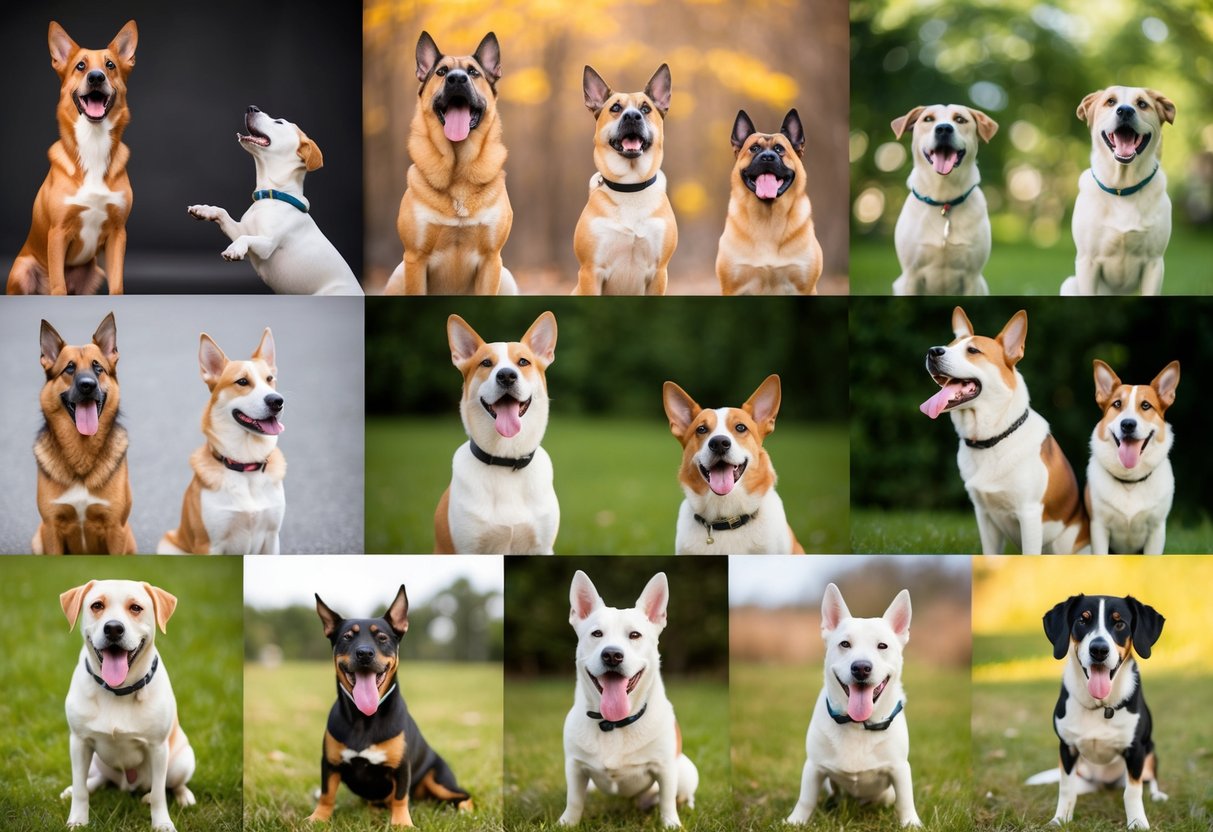 A variety of dogs of different breeds and sizes are shown barking in various situations, such as alert barks, play barks, and territorial barks, with their body language indicating the different types of barks