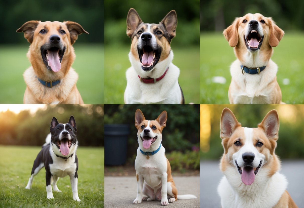 A variety of dogs of different breeds barking in different situations, such as alert barking, play barking, and separation anxiety barking