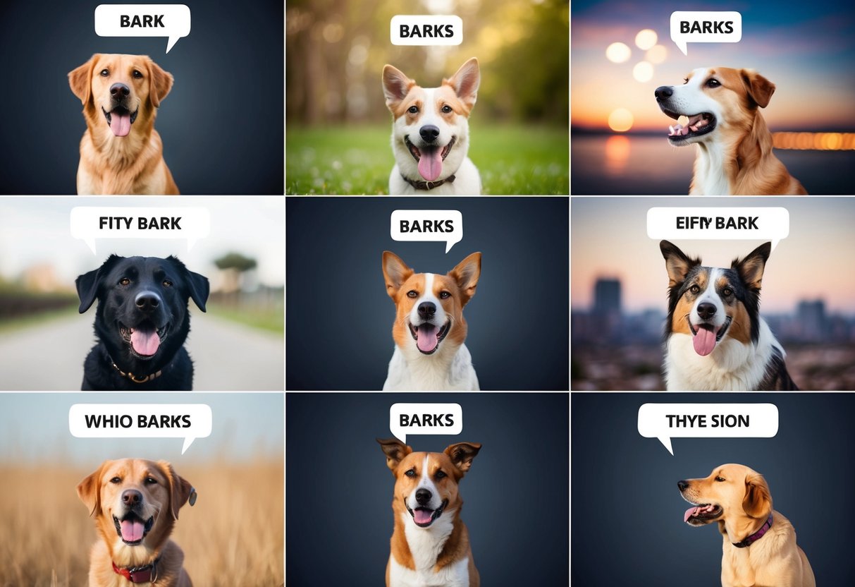 A variety of dogs of different breeds and sizes barking in various situations, with speech bubbles indicating different types of barks