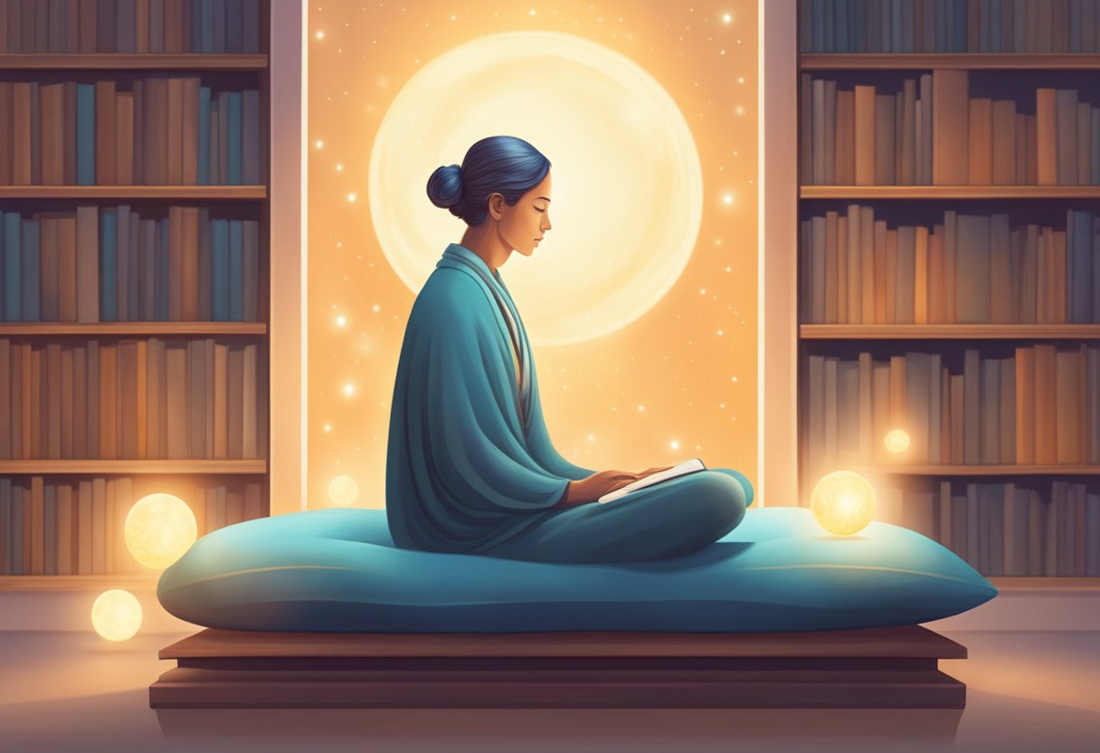 A serene figure floats above their physical body, surrounded by a soft glow. A bookshelf filled with esoteric knowledge and a comfortable meditation cushion are nearby