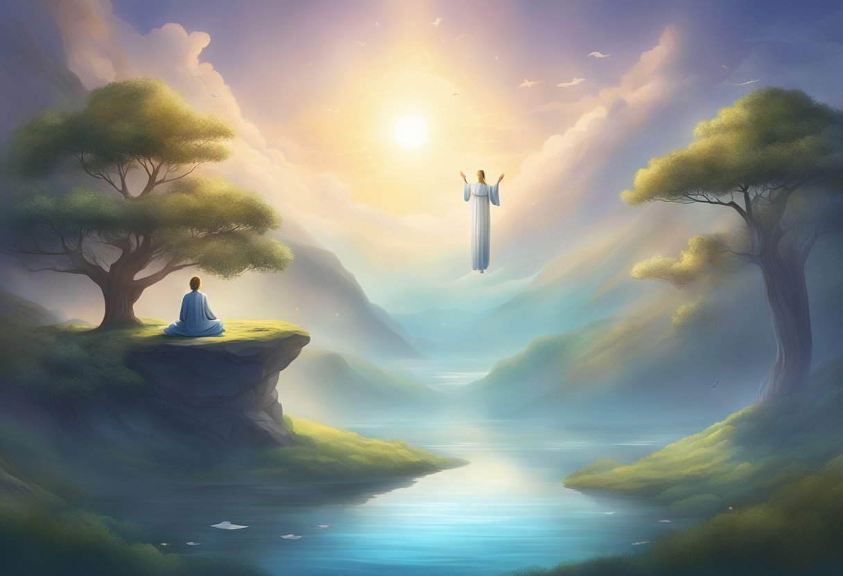 A serene figure floating above a tranquil landscape, surrounded by ethereal light and symbols of wisdom and guidance