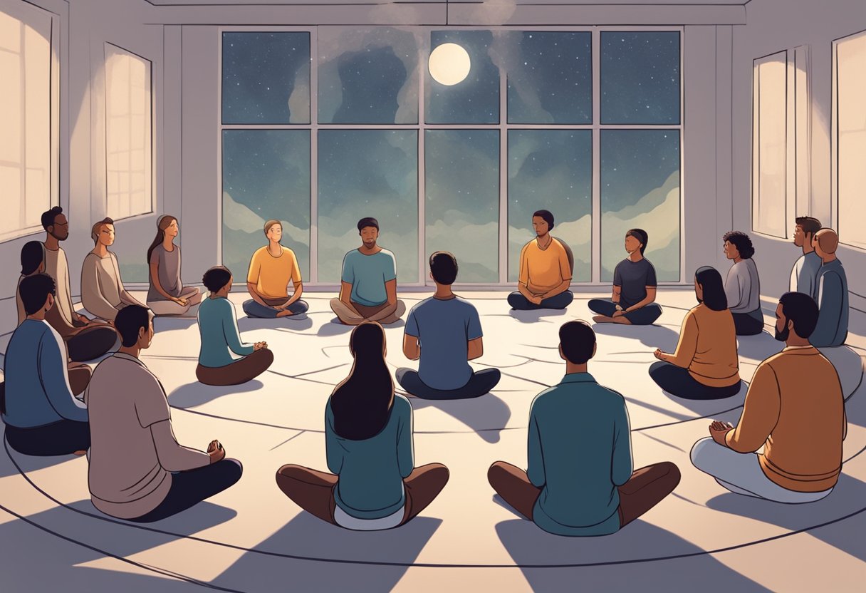 A group of people sitting in a circle, eyes closed, practicing meditation and visualization techniques in a serene, dimly-lit room