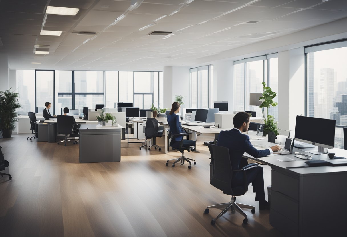 A busy property management office with staff working at desks, discussing strategy, and organizing files