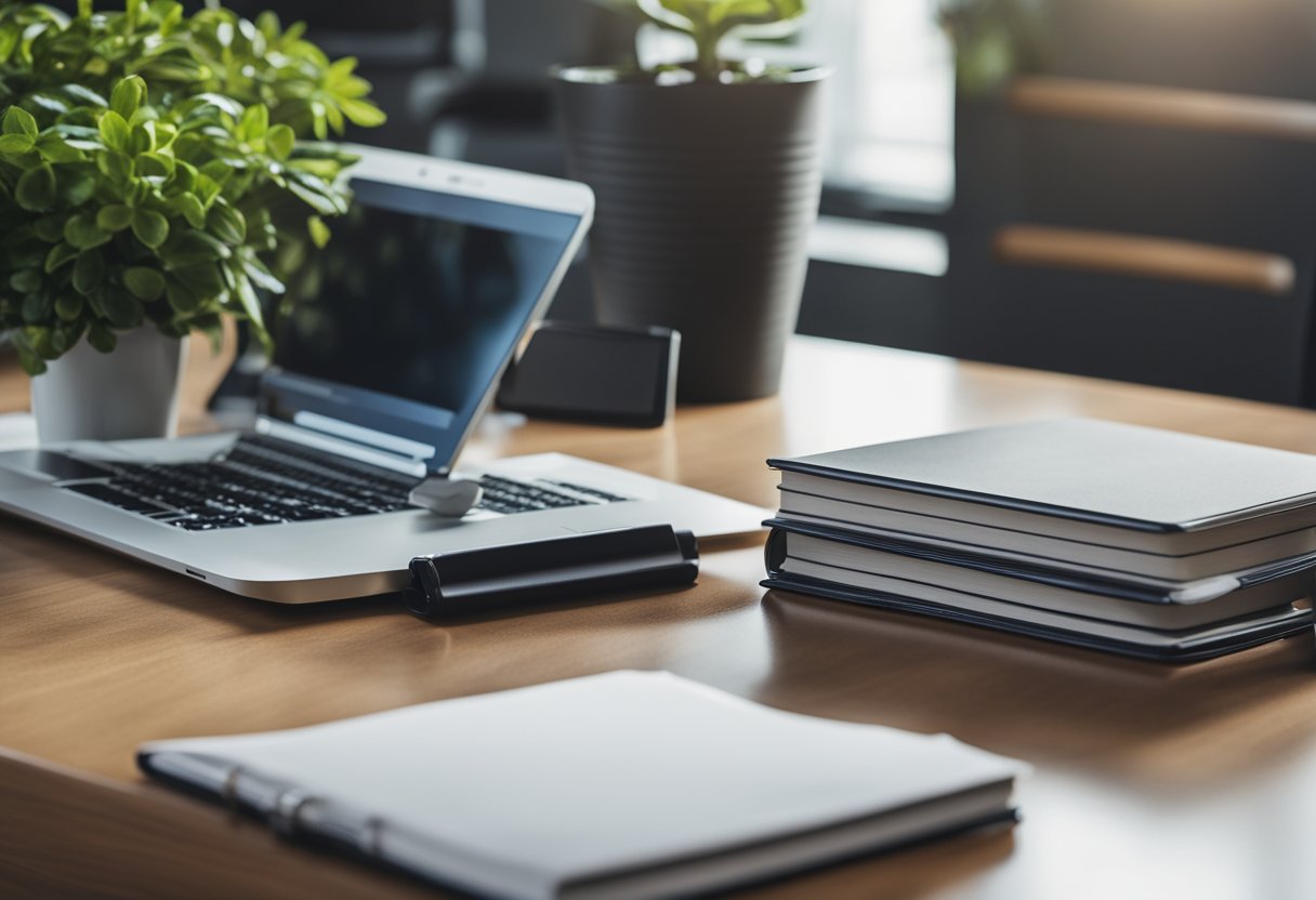 A desk with a laptop, notebook, and pen. A plant in a pot, a coffee mug, and a stack of property management books