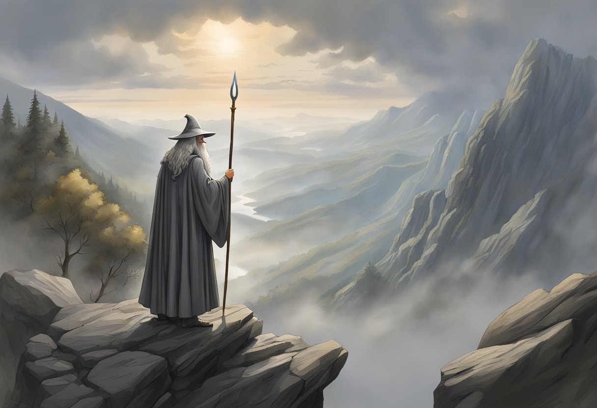 Gandalf the Grey stands atop a rocky cliff, staff in hand, gazing out over a misty, mountainous landscape. A sense of wisdom and power radiates from his figure