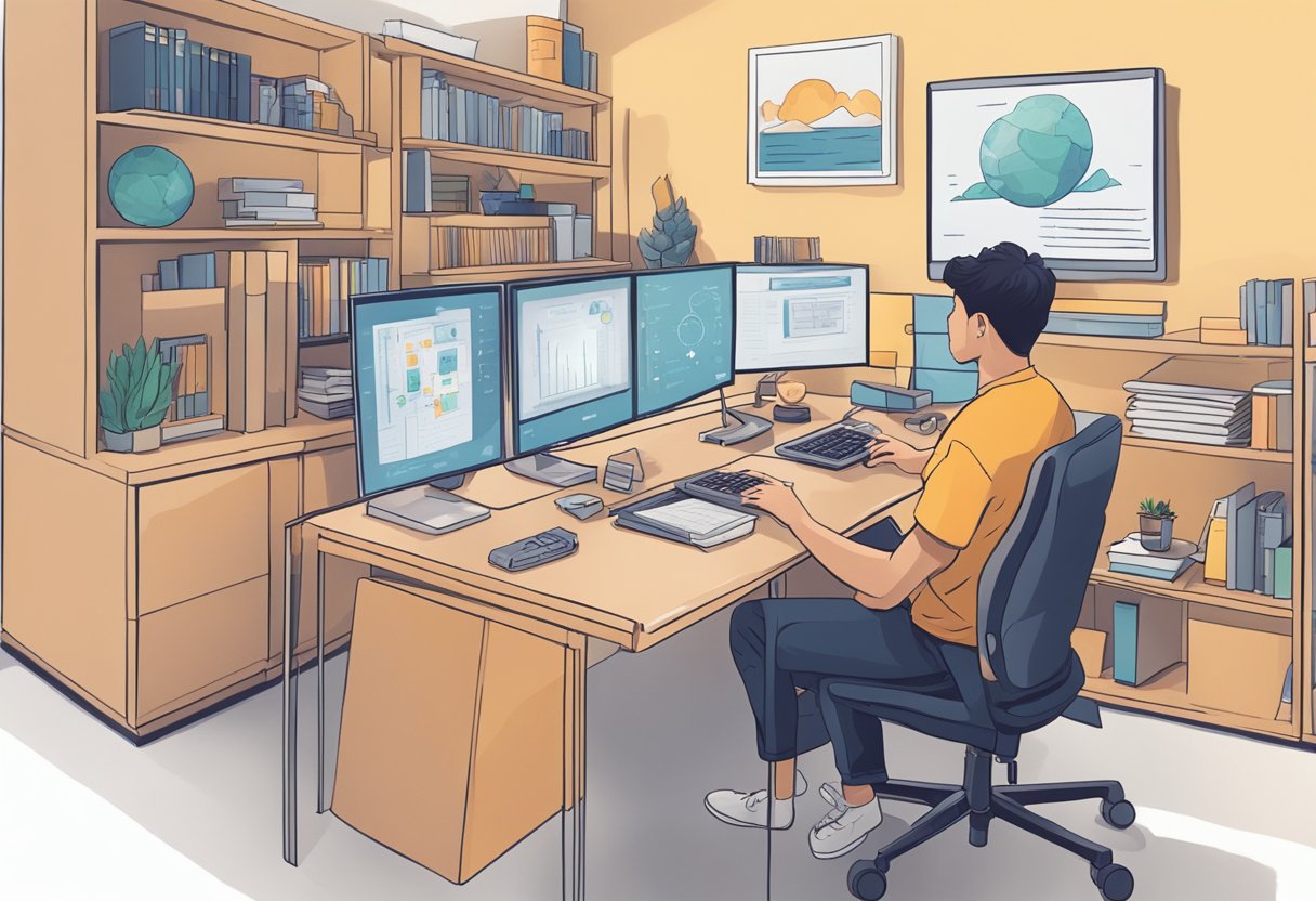 A student with ADHD interacts with AI technology for personalized support in a quiet, organized study space