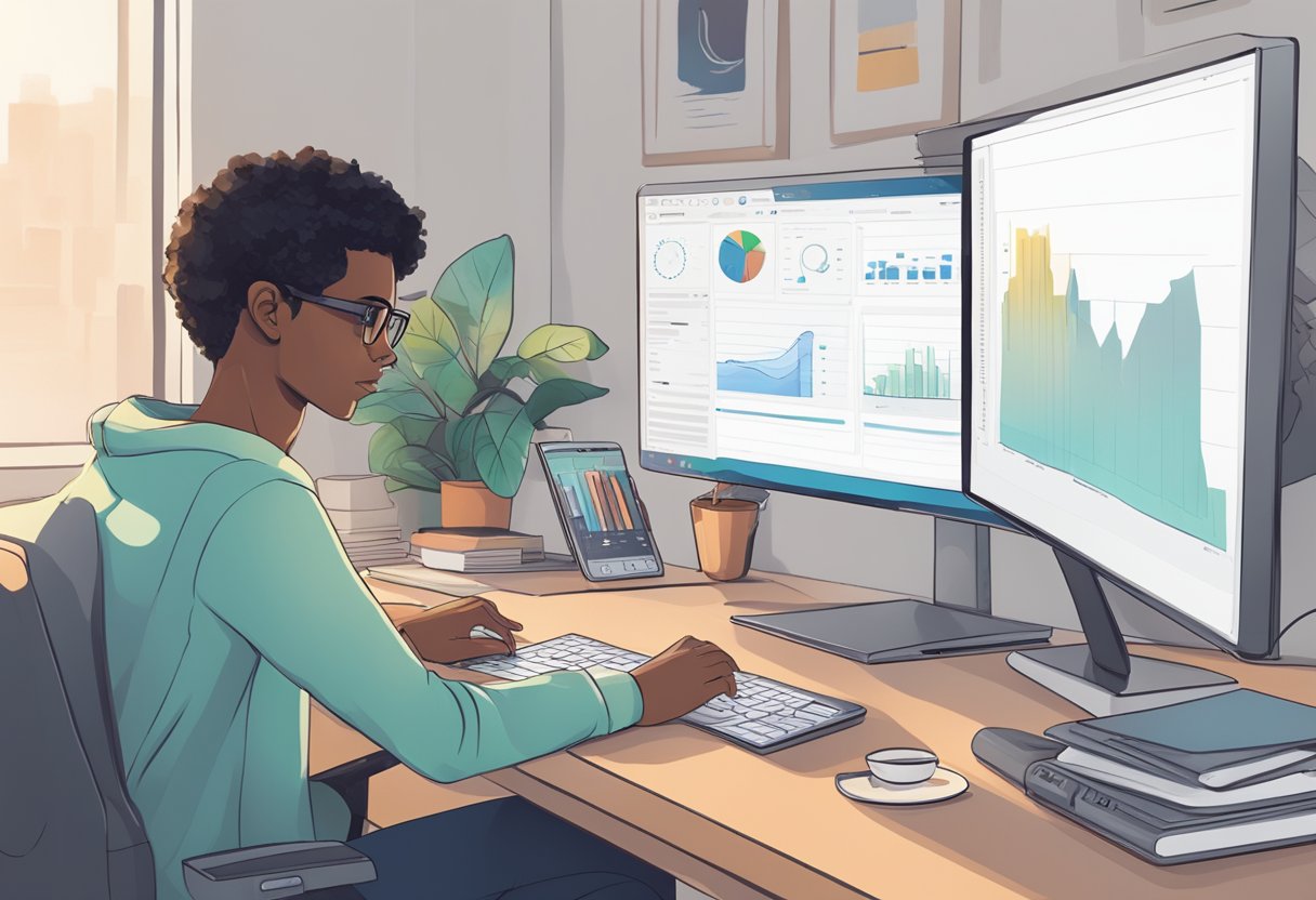 A clutter-free desk with a computer displaying a focused student using an AI program to aid in their studies