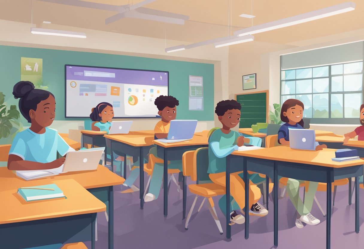 A classroom setting with AI technology assisting students with ADHD in learning and managing their condition