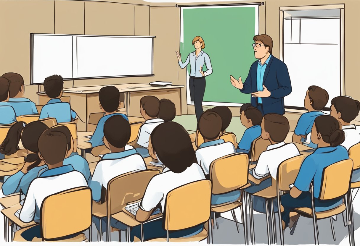 A classroom setting with a teacher or presenter addressing a group of students, some of whom may be visibly struggling with attention and focus