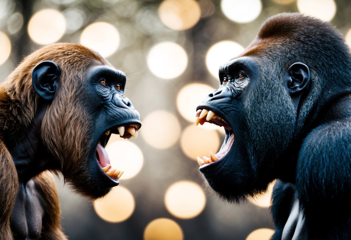 An ape and a gorilla face off, flexing their muscles and baring their teeth in a show of strength