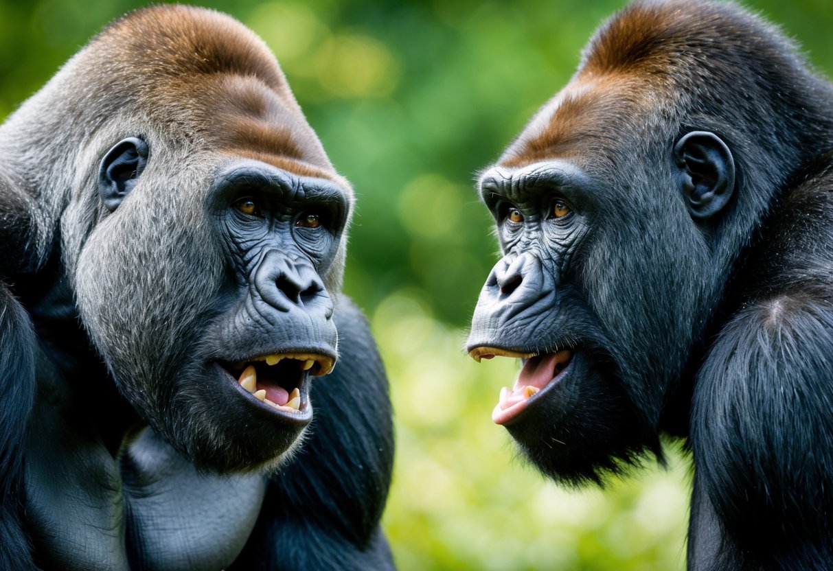 A gorilla and an ape face off, displaying their strength through powerful stances and intense eye contact