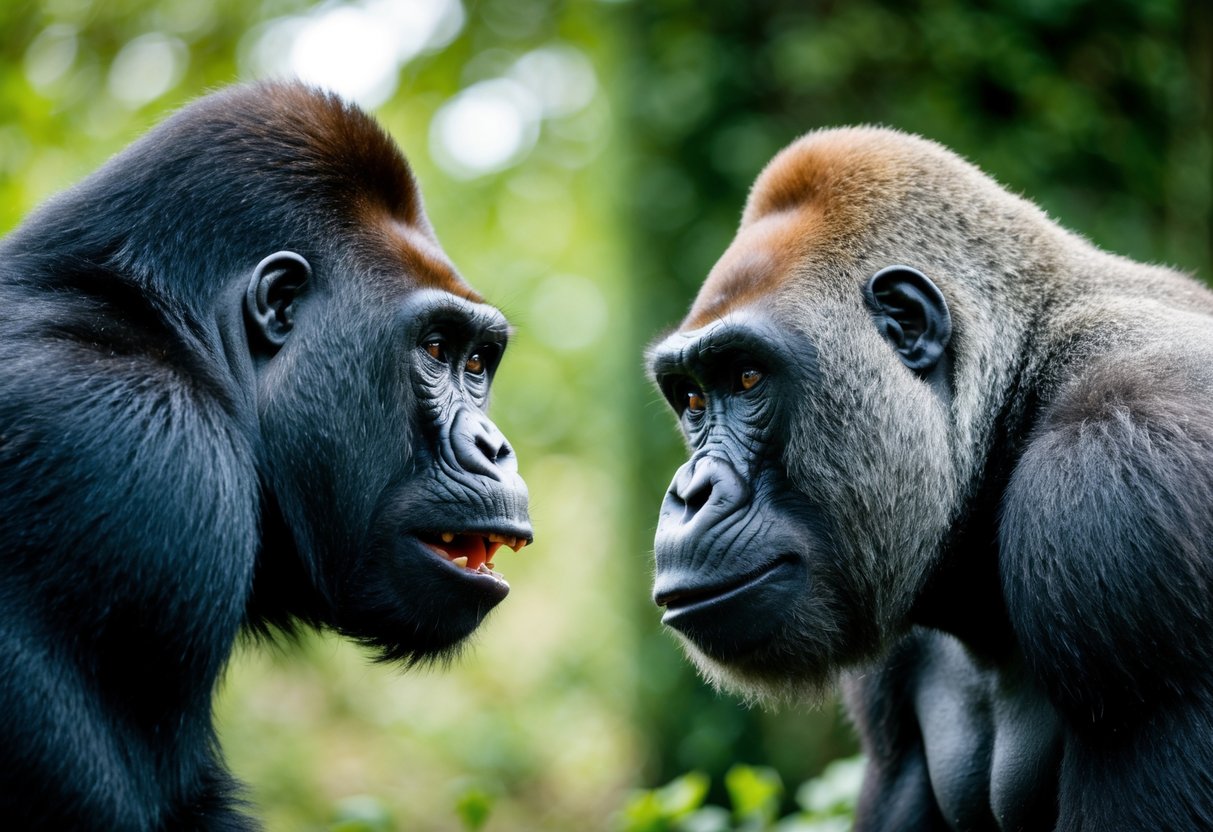 A gorilla and an ape face off, displaying their strength through aggressive postures and intense eye contact