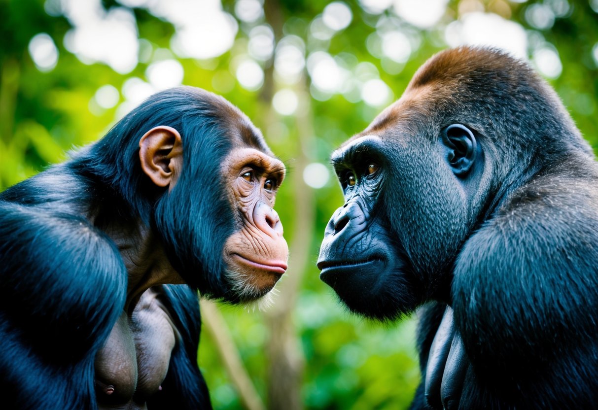 An ape and a gorilla face off, their muscles tense, ready to prove their strength