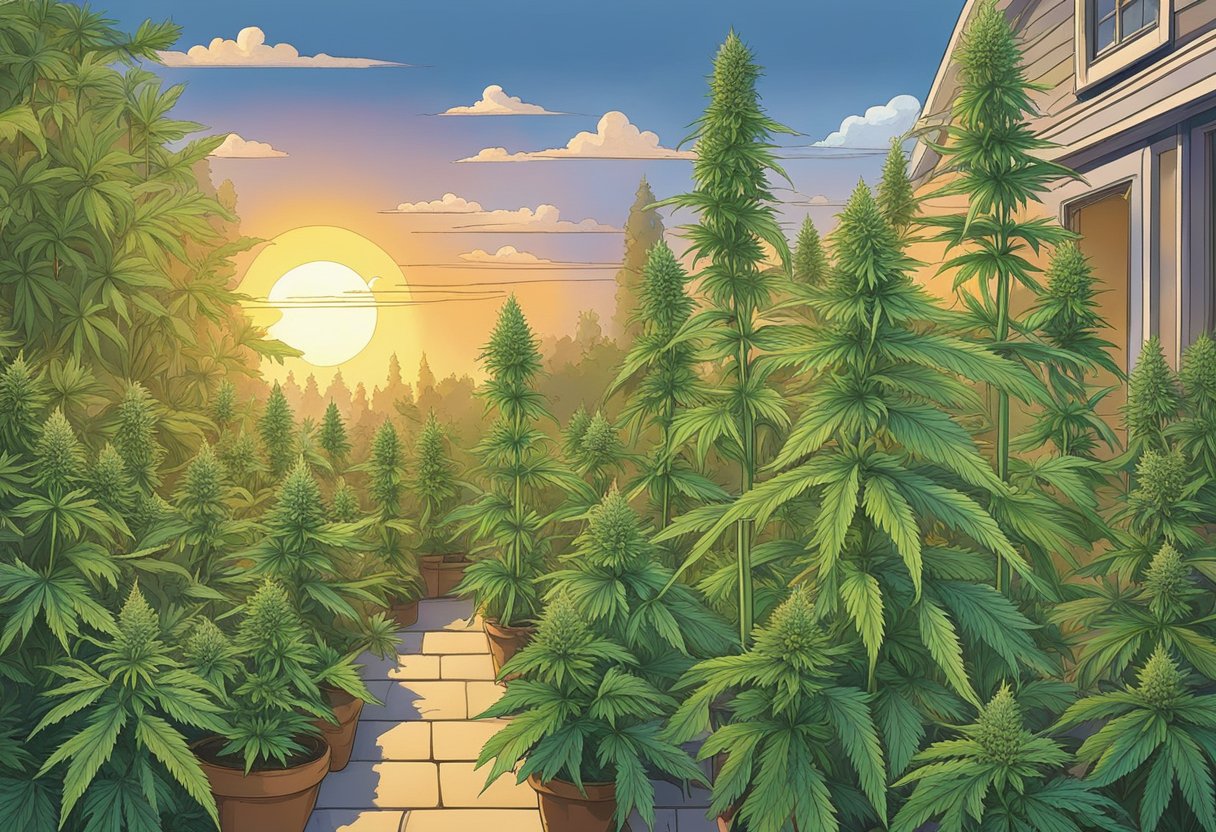 A lush, vibrant garden of iconic cannabis plants, each strain distinct in color, shape, and size. The sun casts a warm glow over the scene, highlighting the enduring beauty of these classic varieties