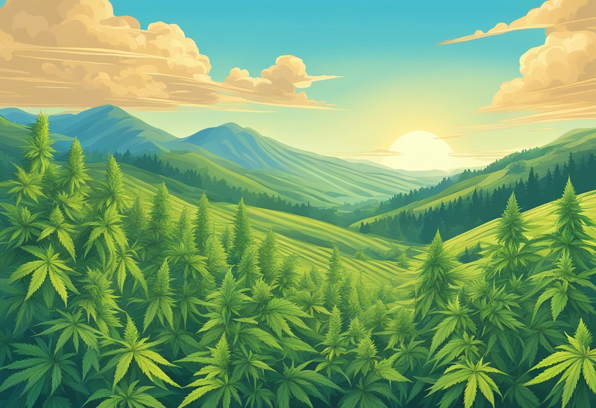 A lush, sun-drenched field of cannabis plants, each strain distinct in color and shape, surrounded by rolling hills and a clear blue sky