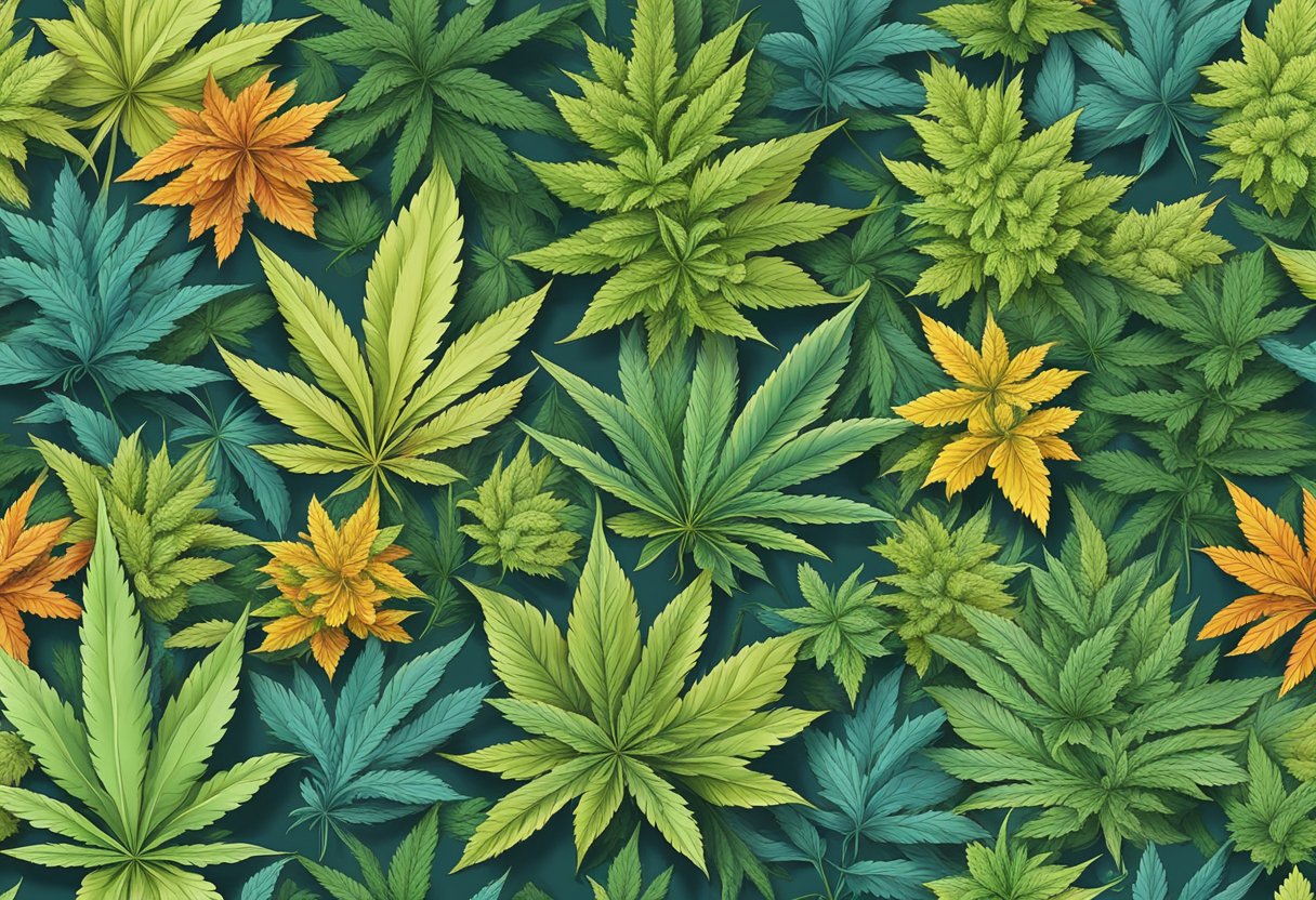 A colorful array of cannabis plants, each with unique leaves and buds, representing the top 10 classic strains