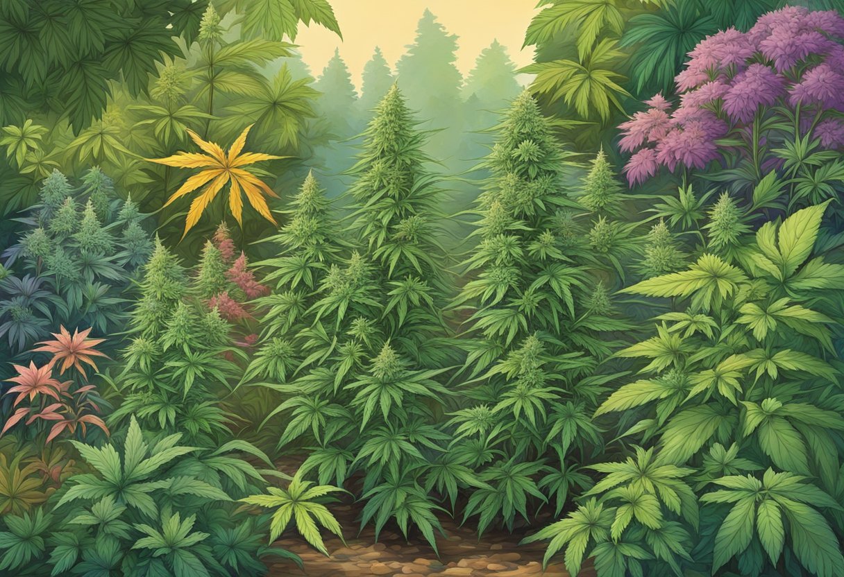 A lush, vibrant garden filled with tall, healthy cannabis plants of various classic strains. Each plant is thriving and exuding a strong, distinct aroma