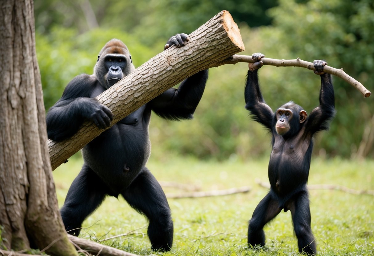 A silverback gorilla effortlessly lifts a fallen tree trunk while a chimp struggles to lift a smaller branch