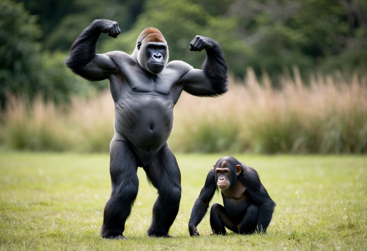 A silverback gorilla stands tall, flexing its massive muscles while a chimp cowers nearby, showcasing the difference in strength and dominance between the two primates