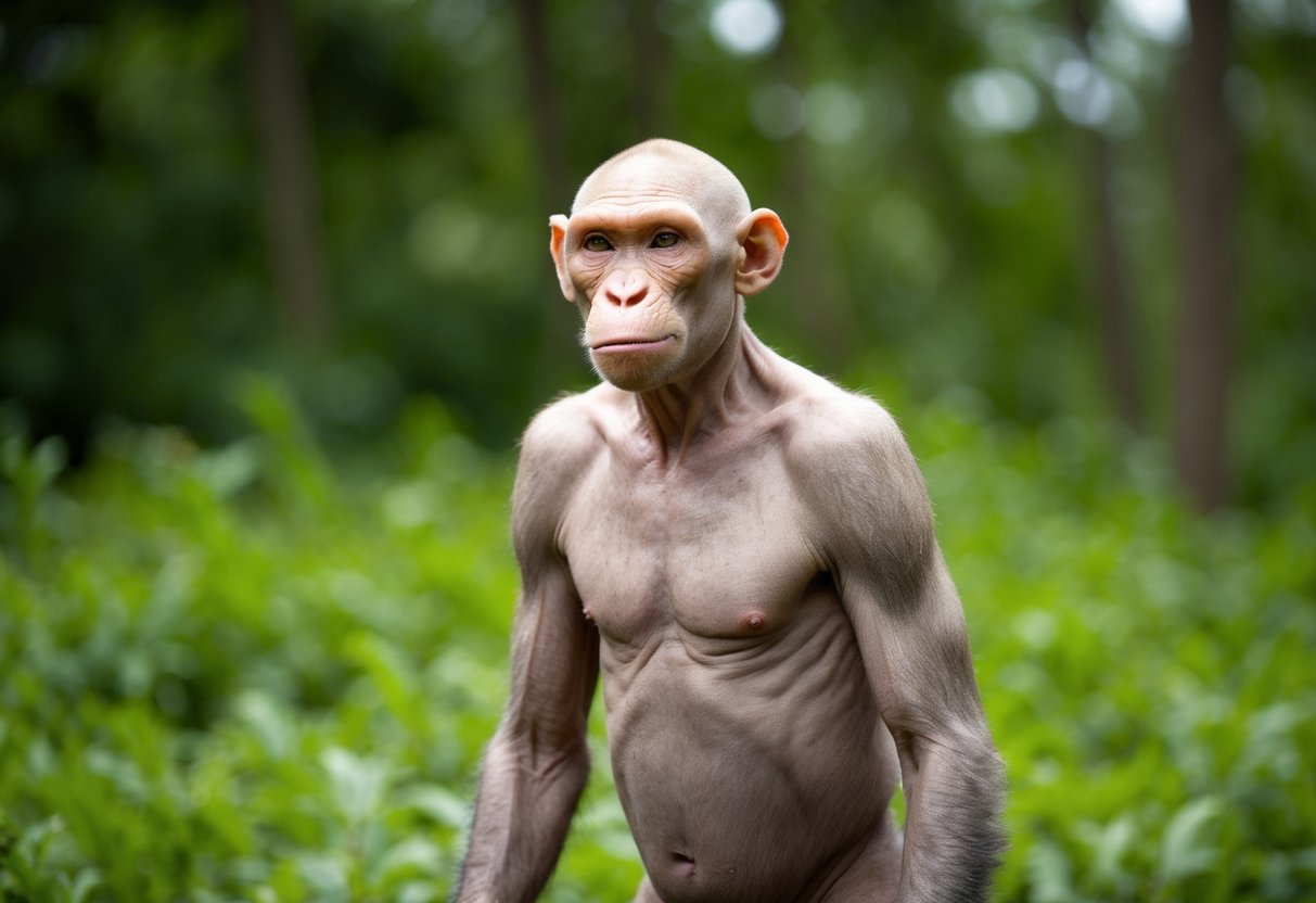 A bald ape stands in a forest clearing, surrounded by lush greenery. Its skin is smooth and hairless, with a curious expression on its face
