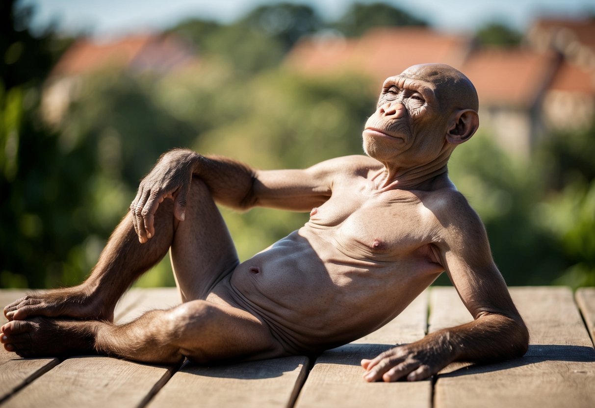 A bald ape lounges in the sun, enjoying the cool breeze on its smooth skin. Its relaxed posture reflects the comfort of being hairless
