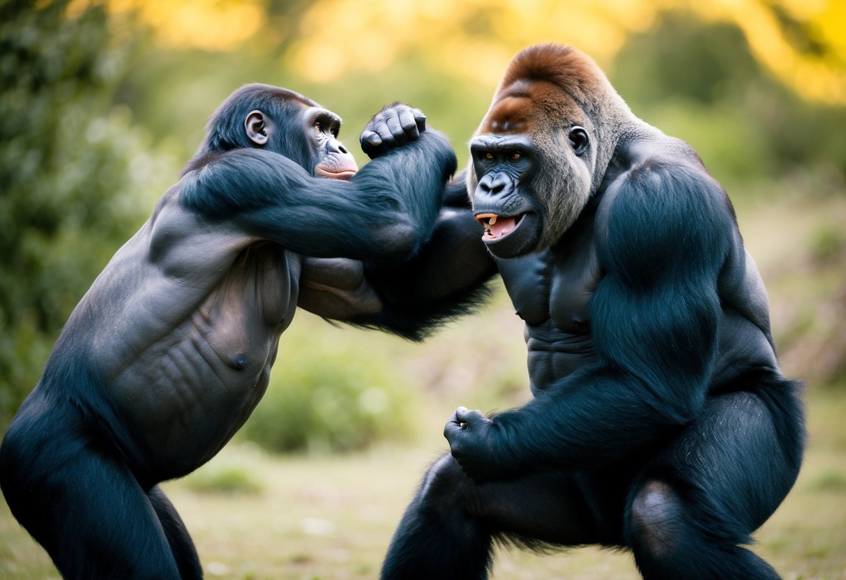A large ape and a powerful gorilla engage in a test of strength, their muscles bulging as they push against each other in a display of dominance
