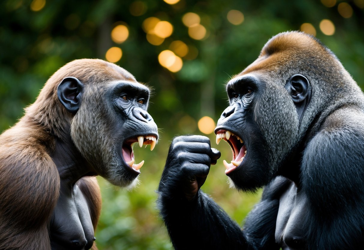 An ape and a gorilla facing off, flexing their muscles and baring their teeth in a territorial display