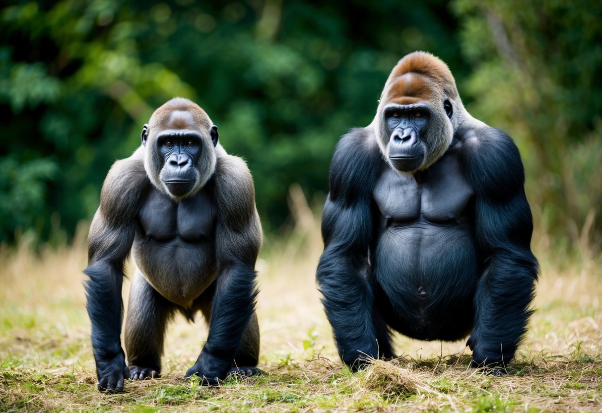 An ape and a gorilla standing side by side in their natural habitat, showcasing their physical strength and environmental adaptations