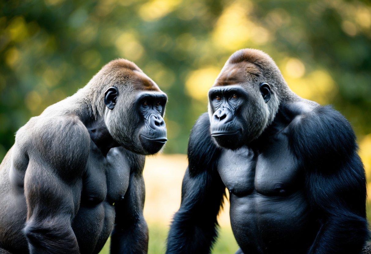 An ape and a gorilla stand face to face, displaying their strength through their powerful posture and muscular build