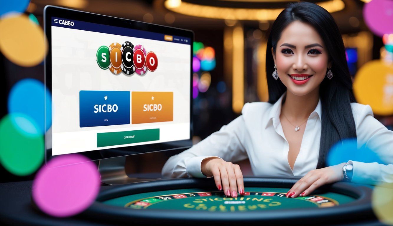 Seorang dealer langsung di situs kasino online Sicbo, dengan antarmuka yang ramping dan modern, dikelilingi oleh elemen permainan berwarna-warni dan fitur interaktif